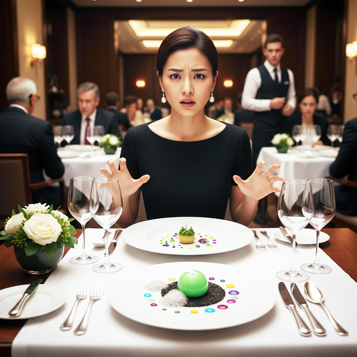 高級レストランの料理を前に固まる女性