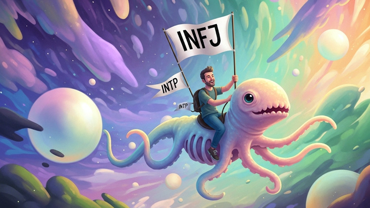 MBTI診断の結果が毎回変わるという「意味ない」「科学的根拠ない」という批判を、軟体動物に乗ってアイデンティティが迷子になった筆者の自虐ネタで表現した画像。