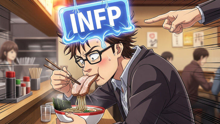 ラーメンのチャーシューを食べるタイミングを悩んでいたら「現実逃避するINFP」と決めつけられた筆者の悲劇をコミカルに描いた画像。「気持ち悪い」「決めつけ」というMBTIのネガティブな側面を象徴。