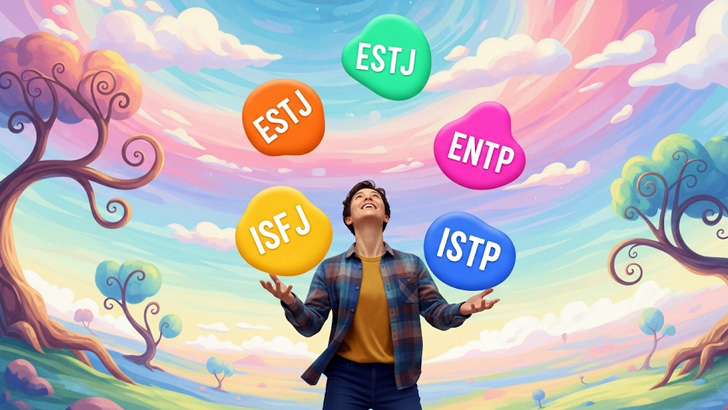 MBTIとの健全な付き合い方をシュールでコミカルに描いた画像。