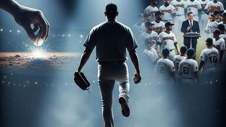 大谷翔平のESTP的側面を示す3つの決定的瞬間(WBCでの円陣、二刀流、ゴミ拾い)を象徴するイラスト