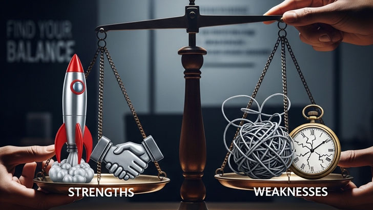 ESTPの強み(行動力)と弱み(計画性)のバランスを取ることを象徴する天秤の写実画像