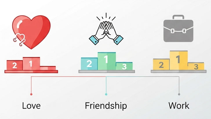 恋愛・友人・仕事の関係性別MBTI相性ランキングのイメージ図