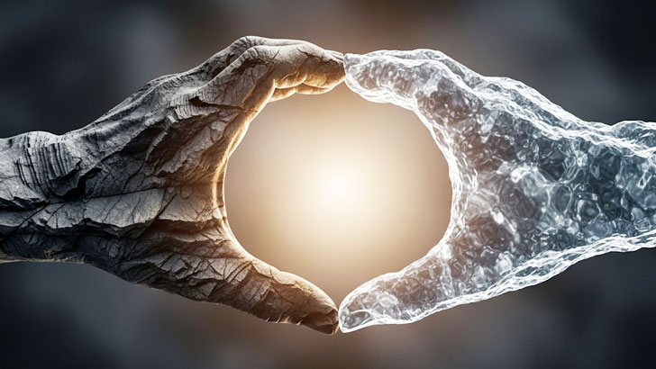 MBTIで相性が悪いとされる二人が手を取り合い調和するイメージ