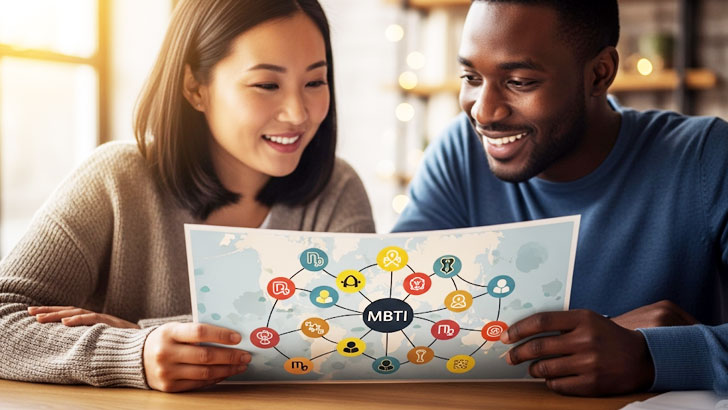 MBTIという人間関係の地図を二人で覗き込んでいるイラスト
